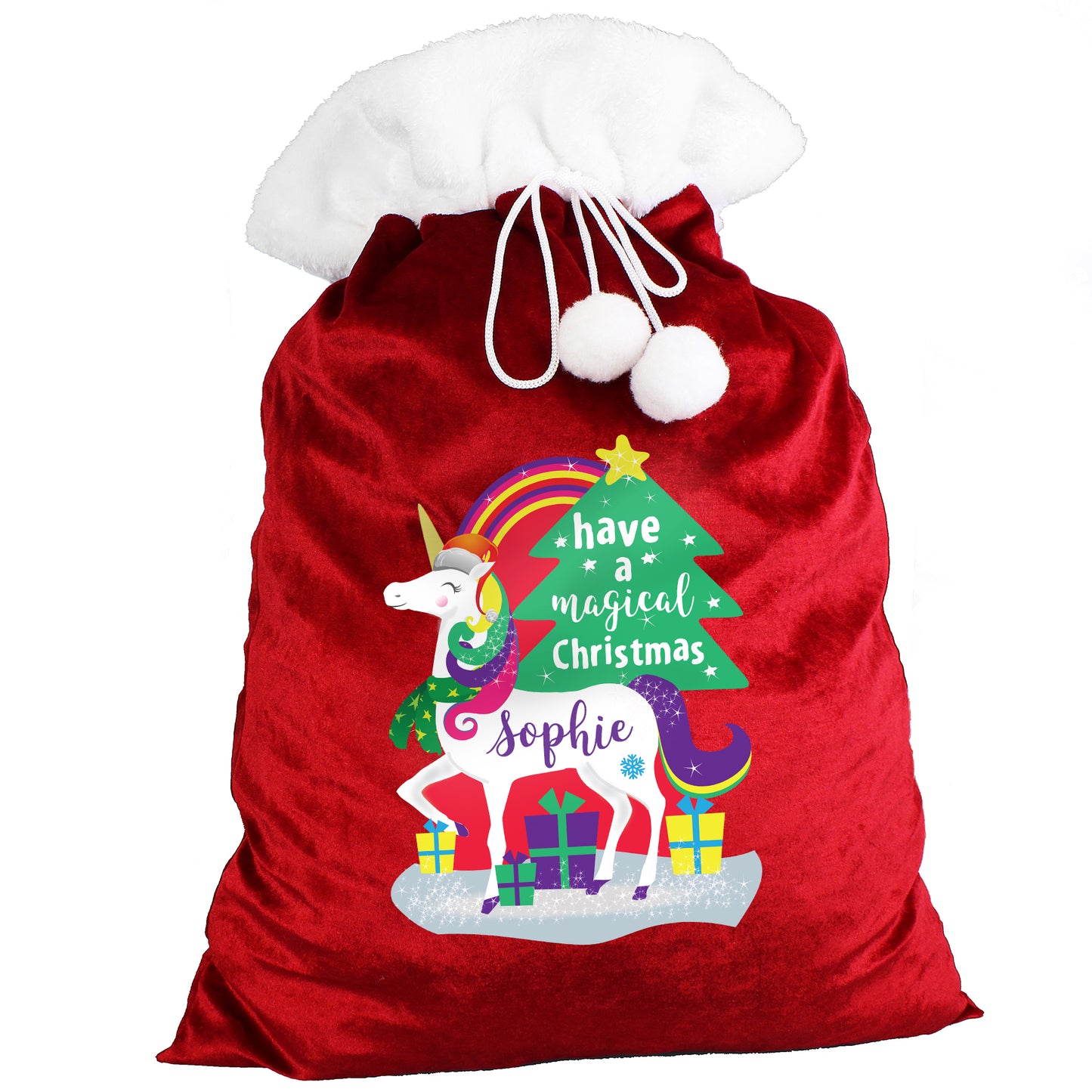 Personalised Christmas Unicorn Luxury Pom Pom Red Sack - Personalise It!