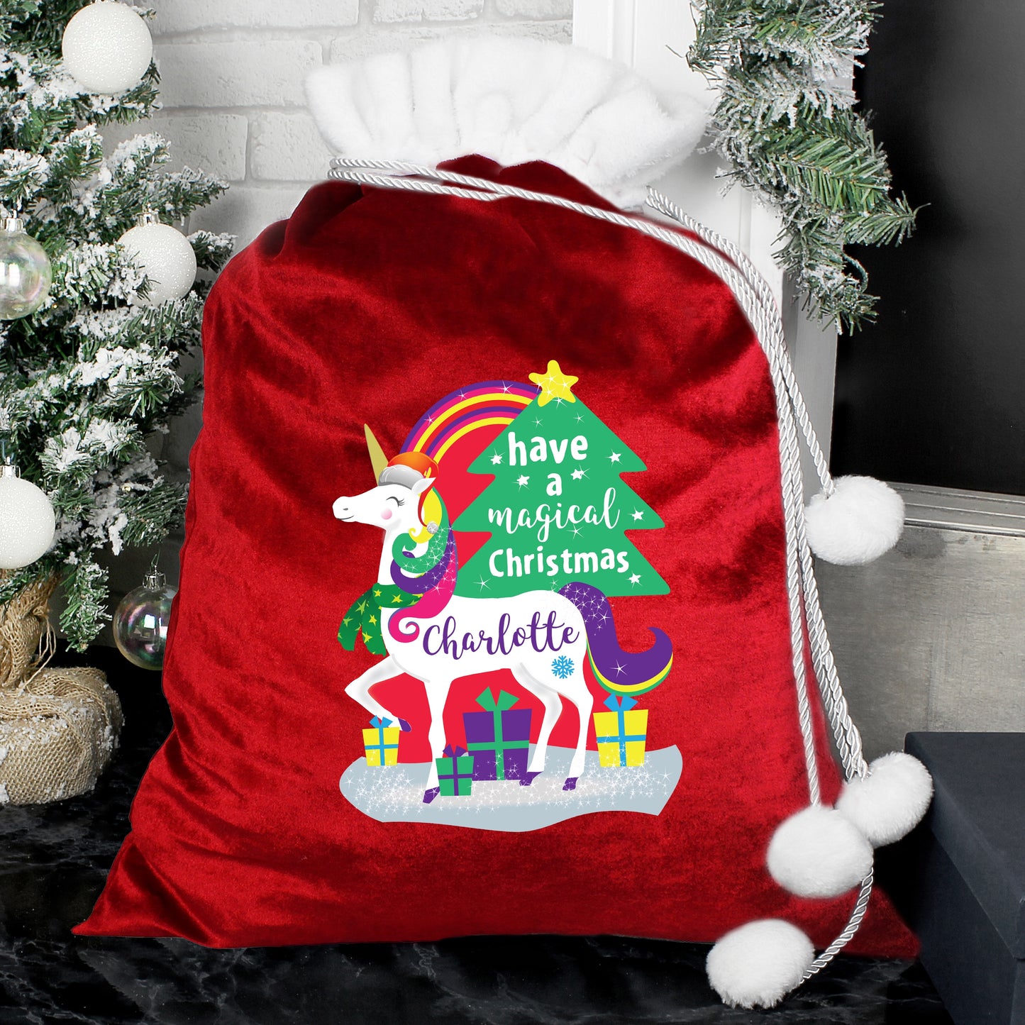 Personalised Christmas Unicorn Luxury Pom Pom Red Sack - Personalise It!
