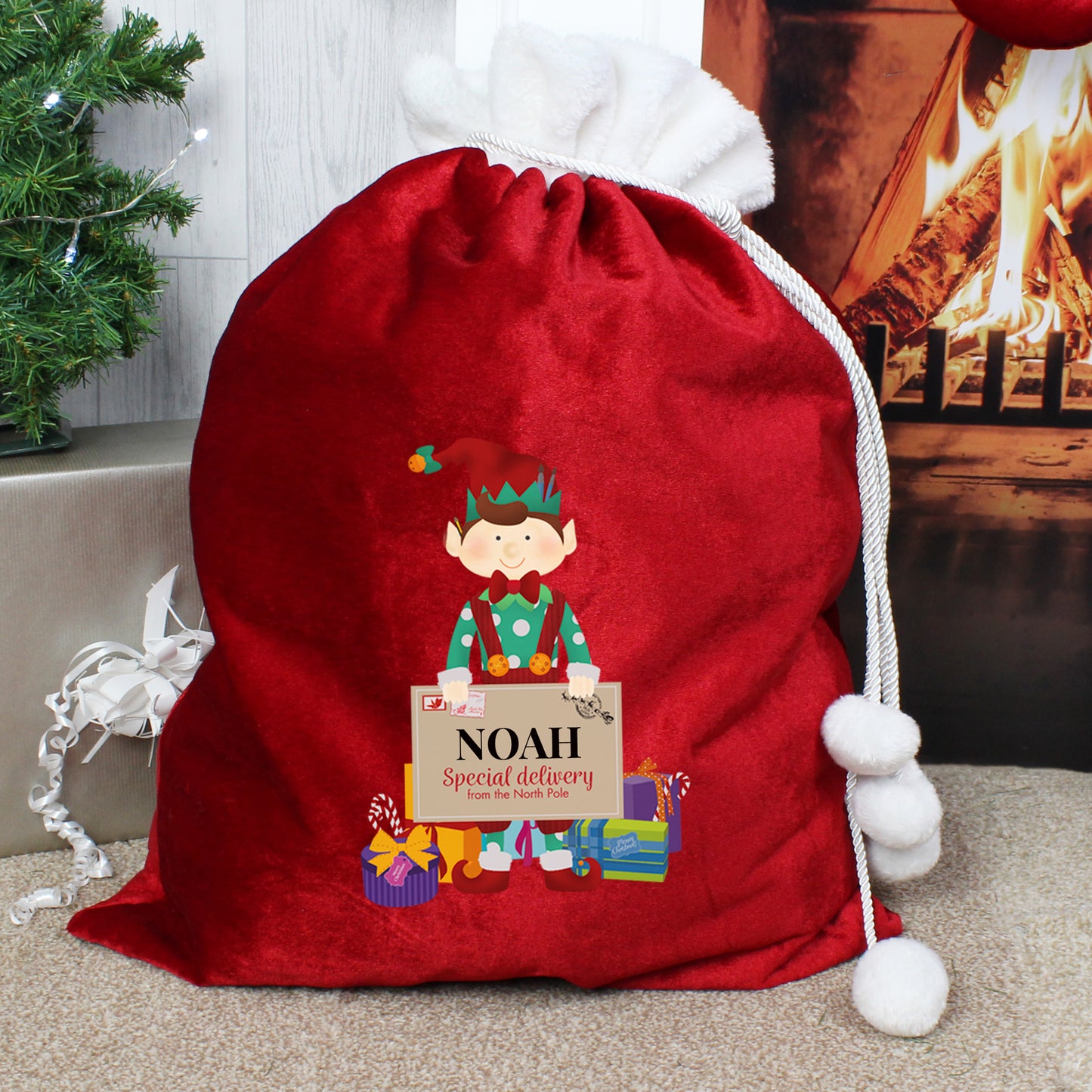 Personalised Christmas Elf Luxury Pom Pom Red Sack - Personalise It!