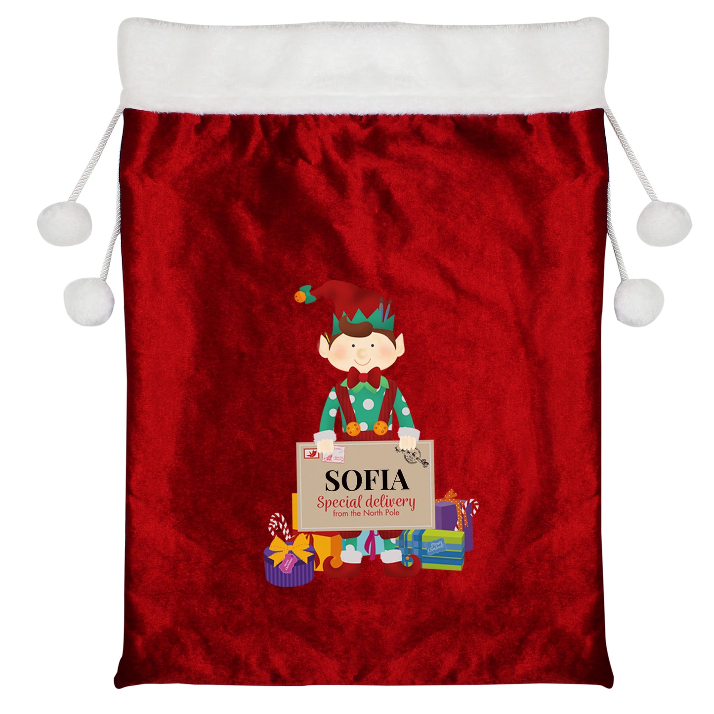 Personalised Christmas Elf Luxury Pom Pom Red Sack - Personalise It!