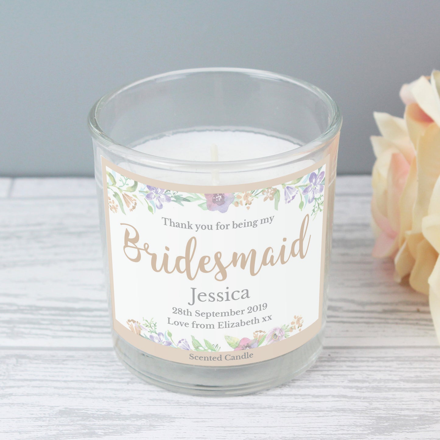 Personalised Bridesmaid 'Floral Watercolour Wedding' Scented Jar Candle - Personalise It!