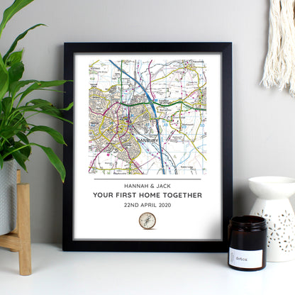 Personalised Present Day Map Compass Black Framed Print - Personalise It!