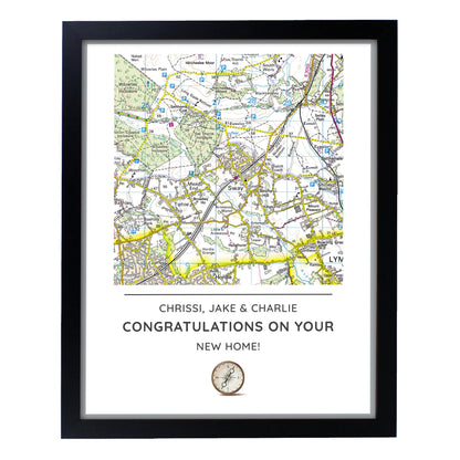Personalised Present Day Map Compass Black Framed Print - Personalise It!