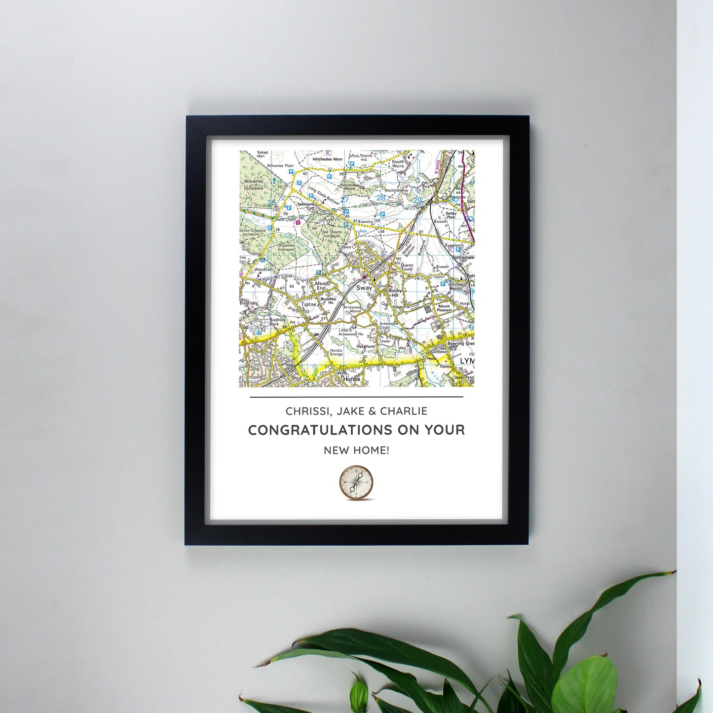 Personalised Present Day Map Compass Black Framed Print - Personalise It!