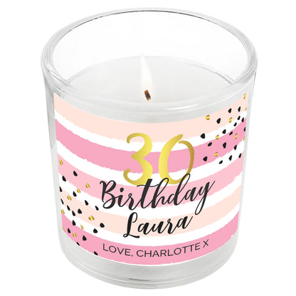 Personalised Birthday Gold and Pink Stripe Scented Jar Candle - Personalise It!