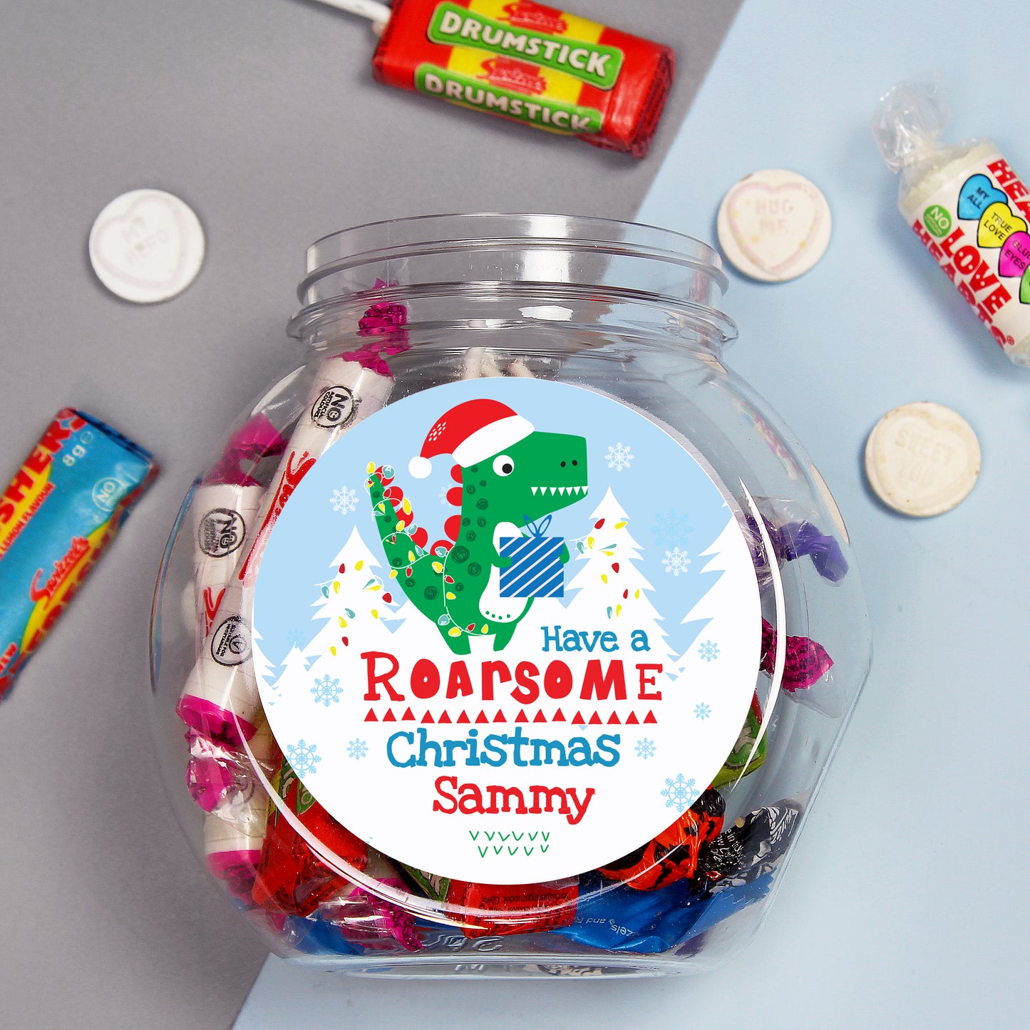 Personalised Dinosaur 'Have a Roarsome Christmas' Sweet Jar - Personalise It!