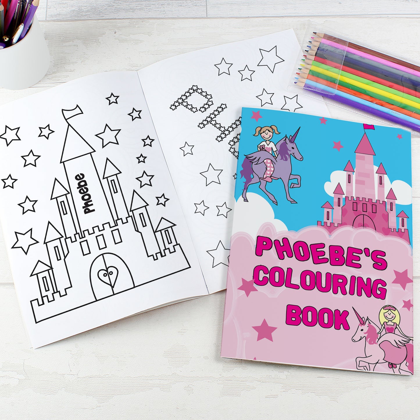 Personalised Princess & Unicorn Colouring Book with Pencil Crayons - Personalise It!