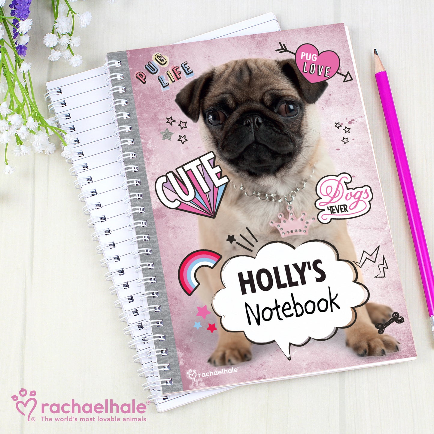 Personalised Rachael Hale Doodle Pug A5 Notebook - Personalise It!
