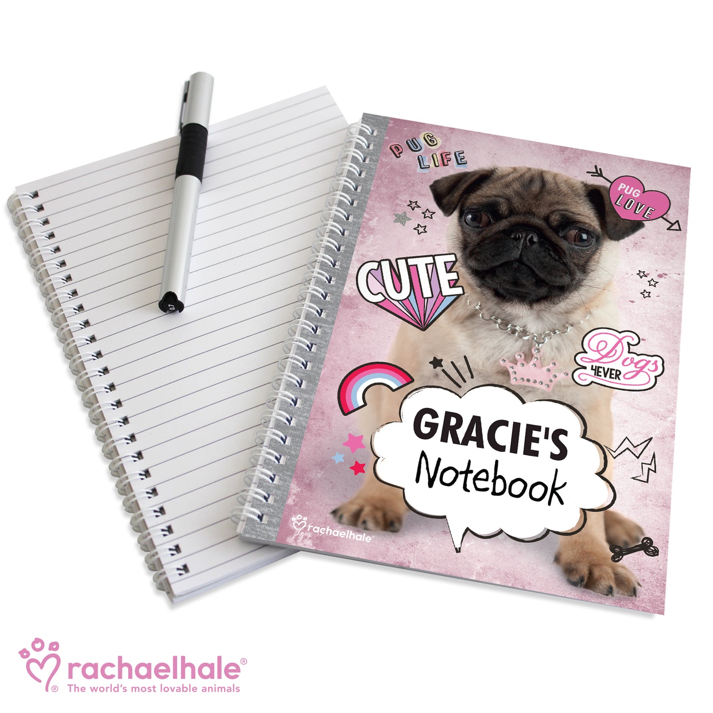 Personalised Rachael Hale Doodle Pug A5 Notebook - Personalise It!
