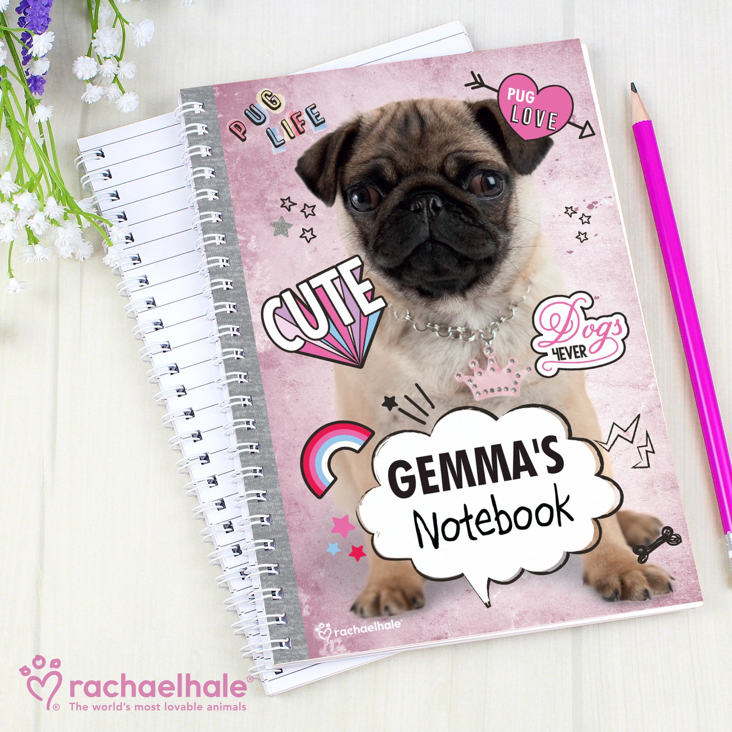 Personalised Rachael Hale Doodle Pug A5 Notebook - Personalise It!