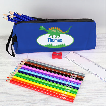 Blue Dinosaur Pencil Case with Personalised Pencils & Crayons - Personalise It!