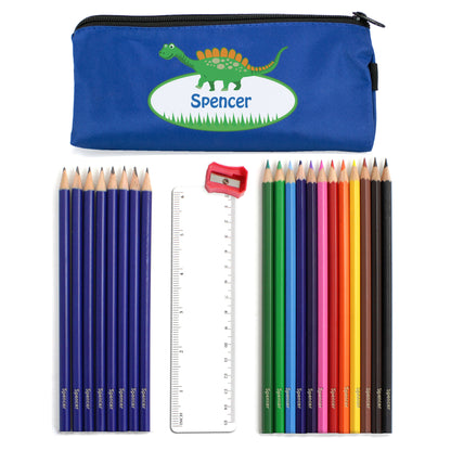 Blue Dinosaur Pencil Case with Personalised Pencils & Crayons - Personalise It!