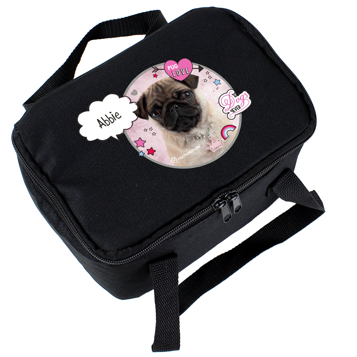 Personalised Rachael Hale Doodle Pug Black Lunch Bag - Personalise It!