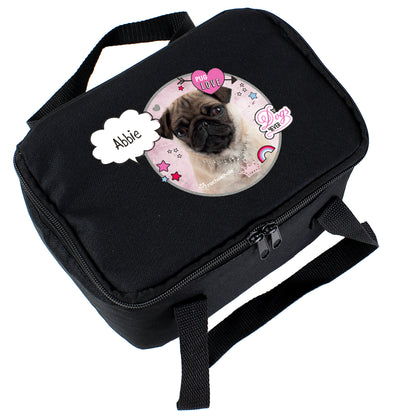 Personalised Rachael Hale Doodle Pug Black Lunch Bag - Personalise It!