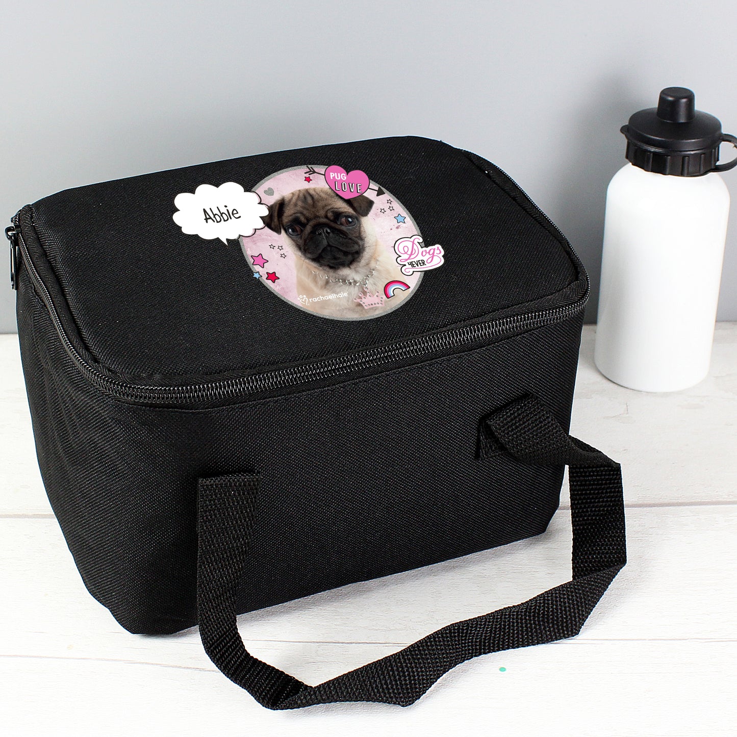 Personalised Rachael Hale Doodle Pug Black Lunch Bag - Personalise It!