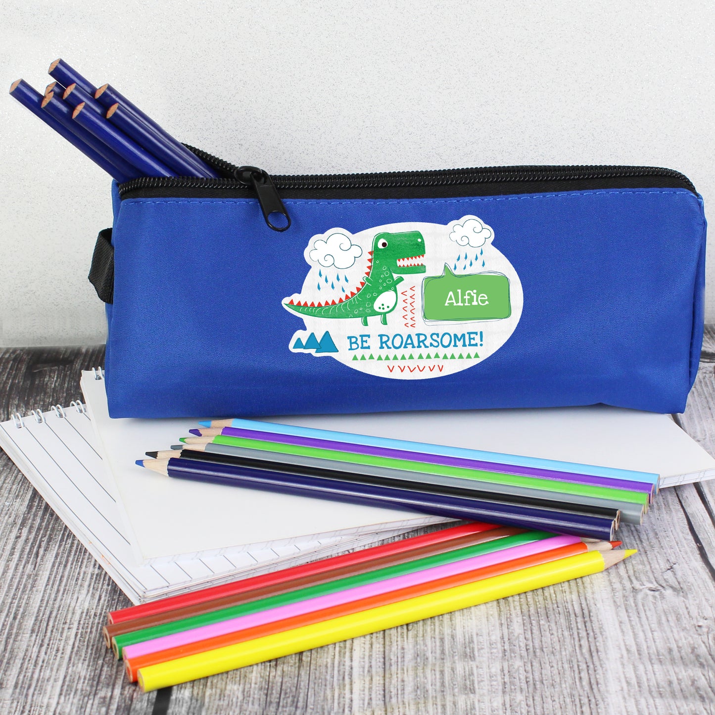 Personalised 'Be Roarsome' Dinosaur Blue Pencil Case - Personalise It!