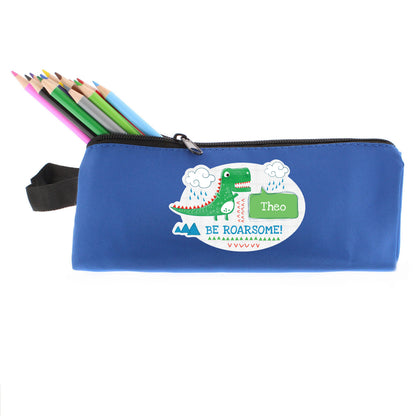 Personalised 'Be Roarsome' Dinosaur Blue Pencil Case - Personalise It!