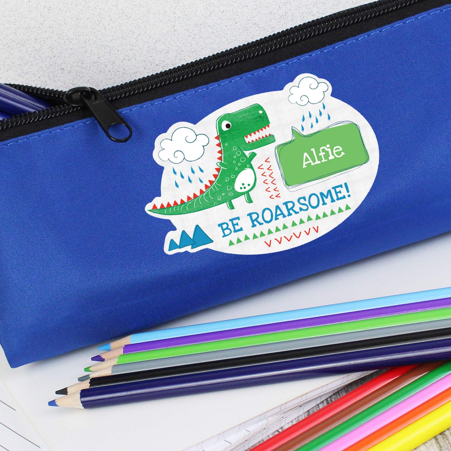 Personalised 'Be Roarsome' Dinosaur Blue Pencil Case - Personalise It!