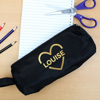 Personalised Gold Heart Black Pencil Case - Personalise It!