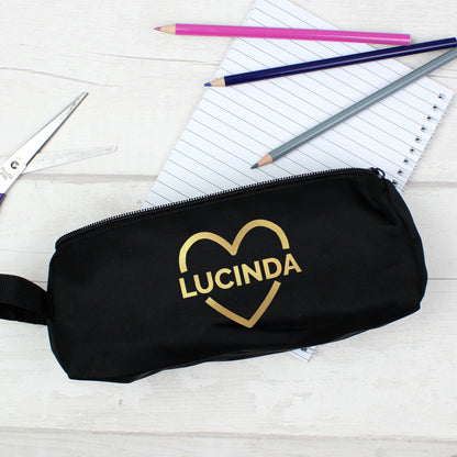 Personalised Gold Heart Black Pencil Case - Personalise It!
