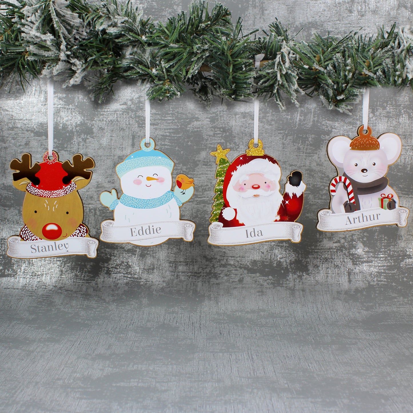 Personalised Set of Four Colourful Christmas Characters Wooden Hanging Decorations - Personalise It!