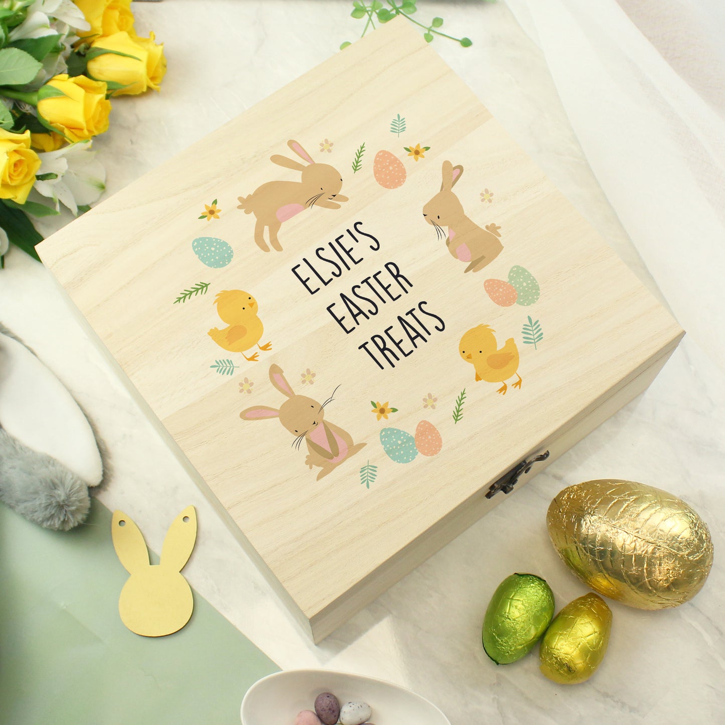 Personalised Easter Bunny & Chick Large Wooden Keepsake Box - Personalise It!