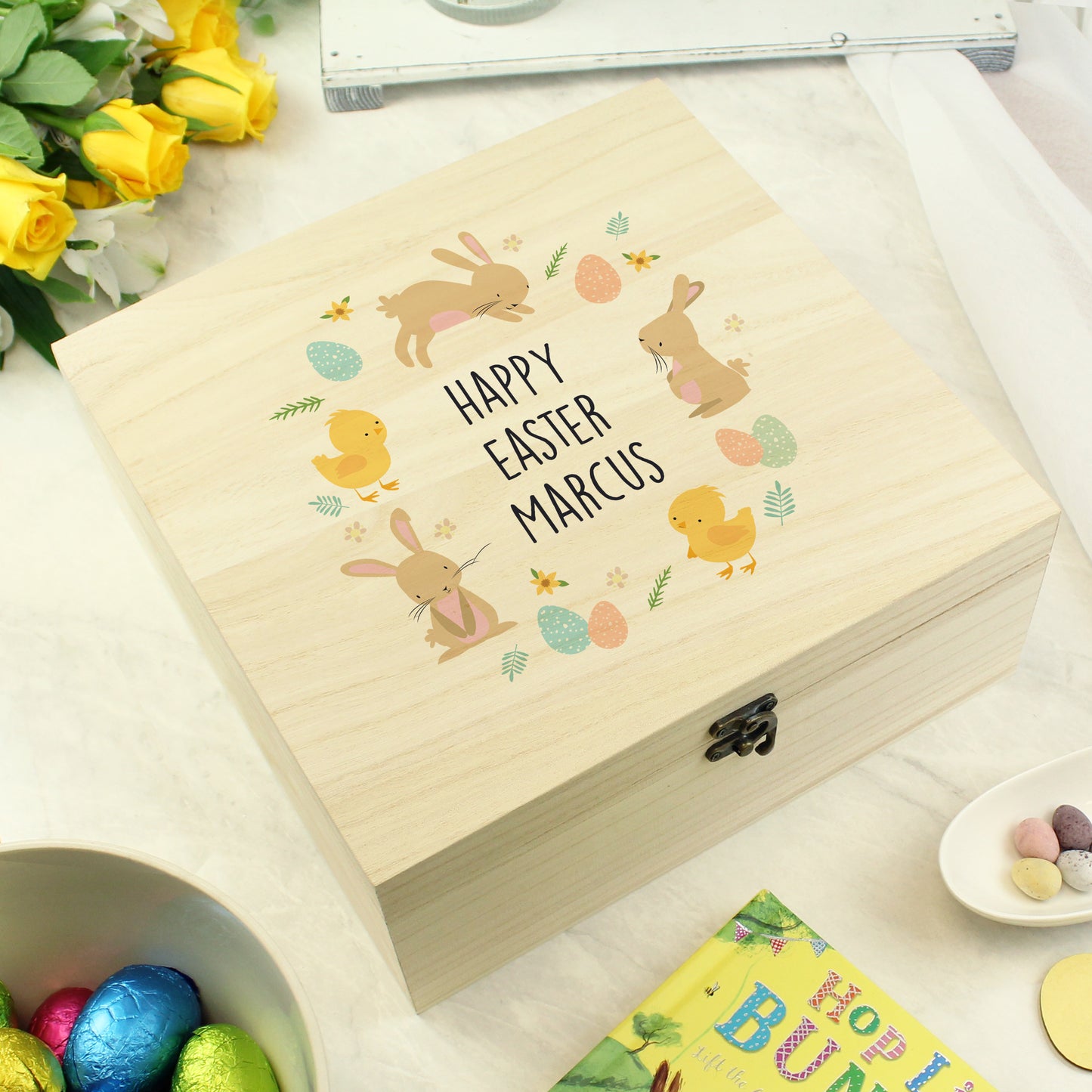 Personalised Easter Bunny & Chick Large Wooden Keepsake Box - Personalise It!