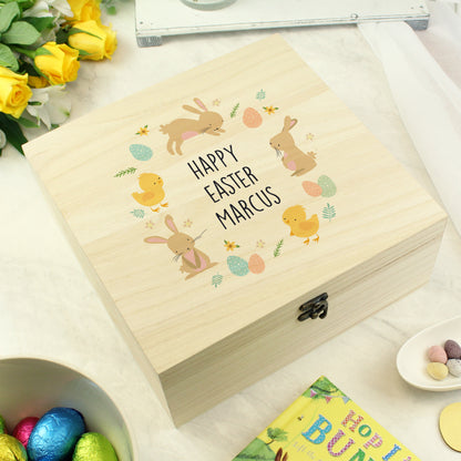 Personalised Easter Bunny & Chick Large Wooden Keepsake Box - Personalise It!