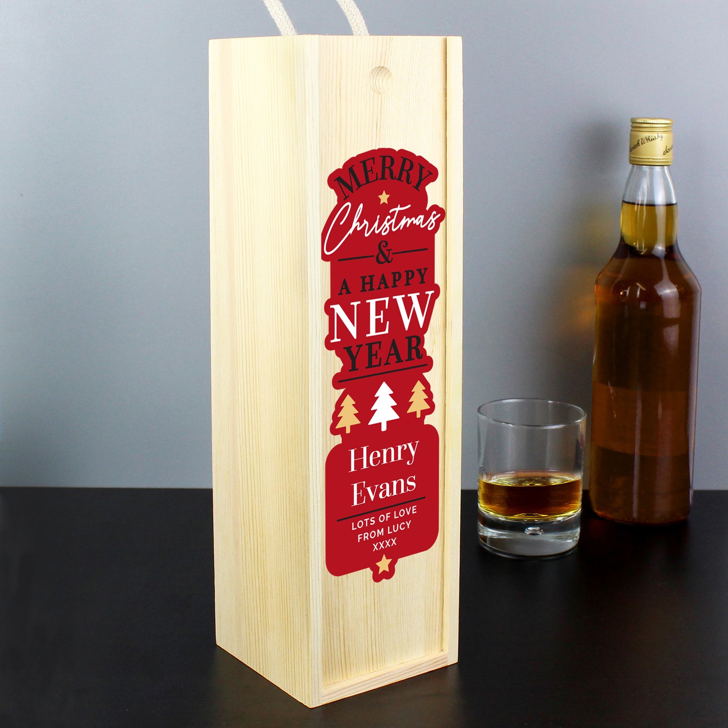 Personalised Merry Christmas & A Happy New Year Wooden Wine Bottle Box - Personalise It!