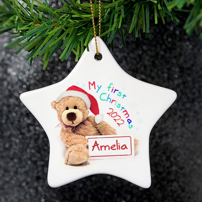 Personalised My First Christmas Teddy Ceramic Star Decoration - Personalise It!