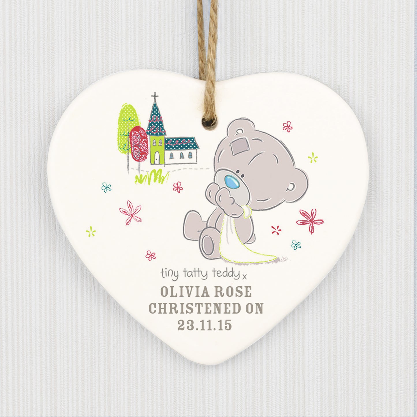Personalised Tiny Tatty Teddy Christening Ceramic Heart Decoration - Personalise It!