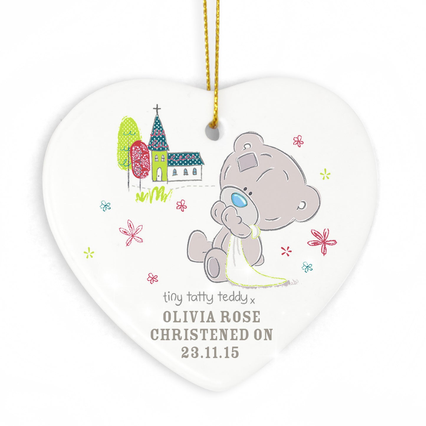 Personalised Tiny Tatty Teddy Christening Ceramic Heart Decoration - Personalise It!