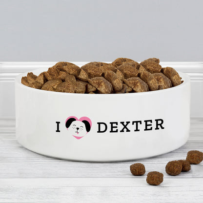 Personalised I Love my Dog - Cute Design 14cm Medium Ceramic White Pet Bowl - Personalise It!