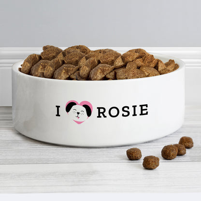 Personalised I Love my Dog - Cute Design 14cm Medium Ceramic White Pet Bowl - Personalise It!