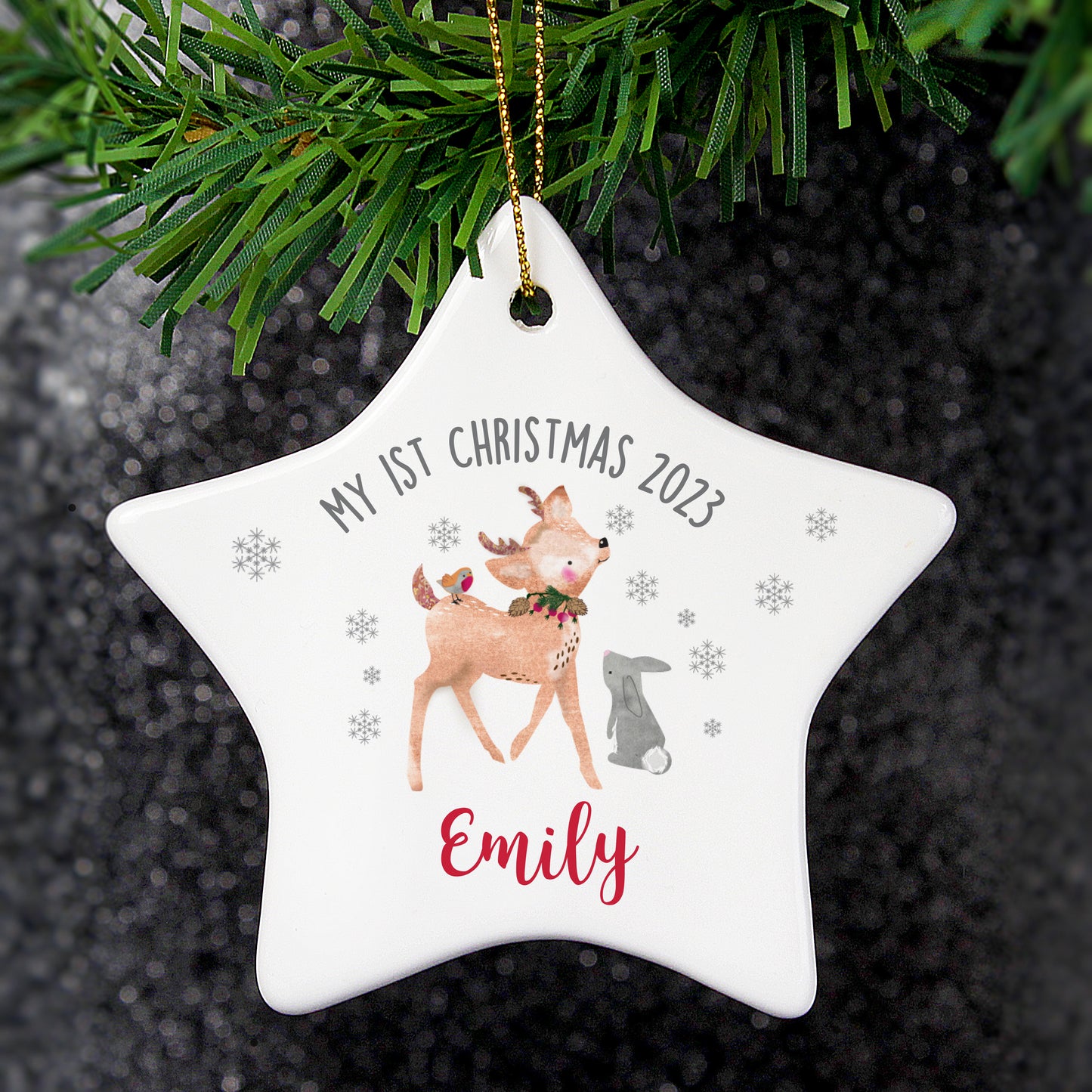 Personalised 1st Christmas Festive Fawn Ceramic Star Decoration - Personalise It!