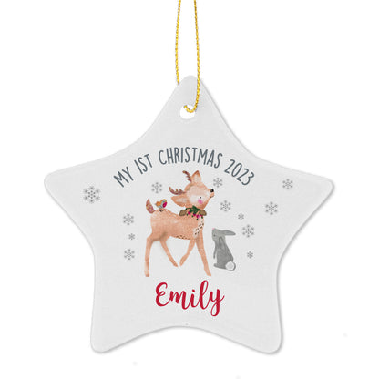 Personalised 1st Christmas Festive Fawn Ceramic Star Decoration - Personalise It!