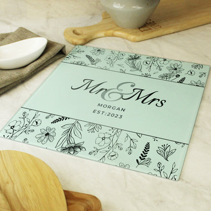 Personalised Mr & Mrs Botanical Glass Chopping Board/Workshop Saver - Personalise It!