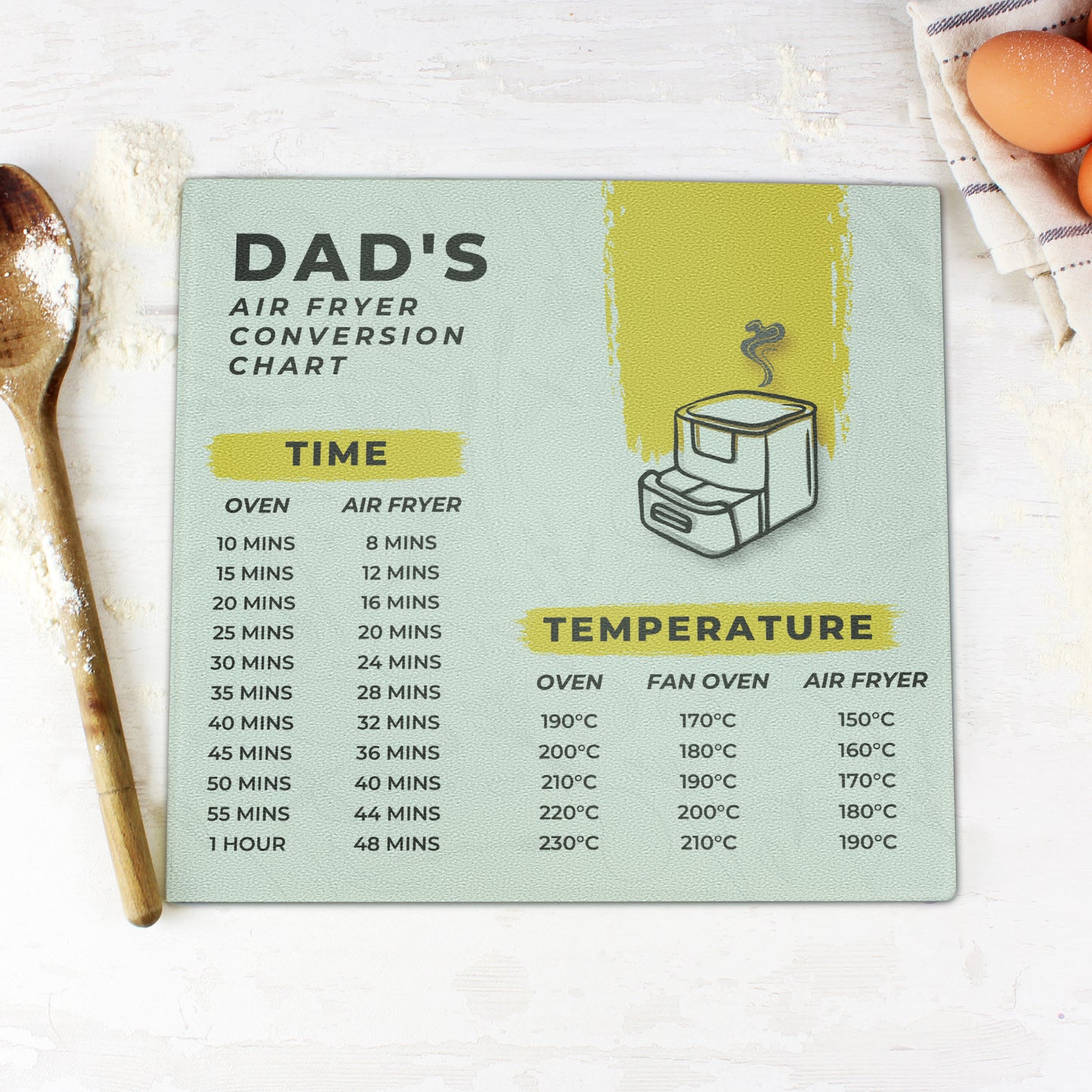 Personalised Air Fryer Chart Glass Chopping Board - Personalise It!