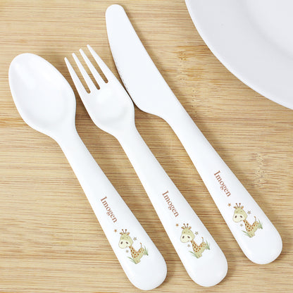 Personalised Hessian Giraffe 3 Piece Plastic Cutlery Set - Personalise It!