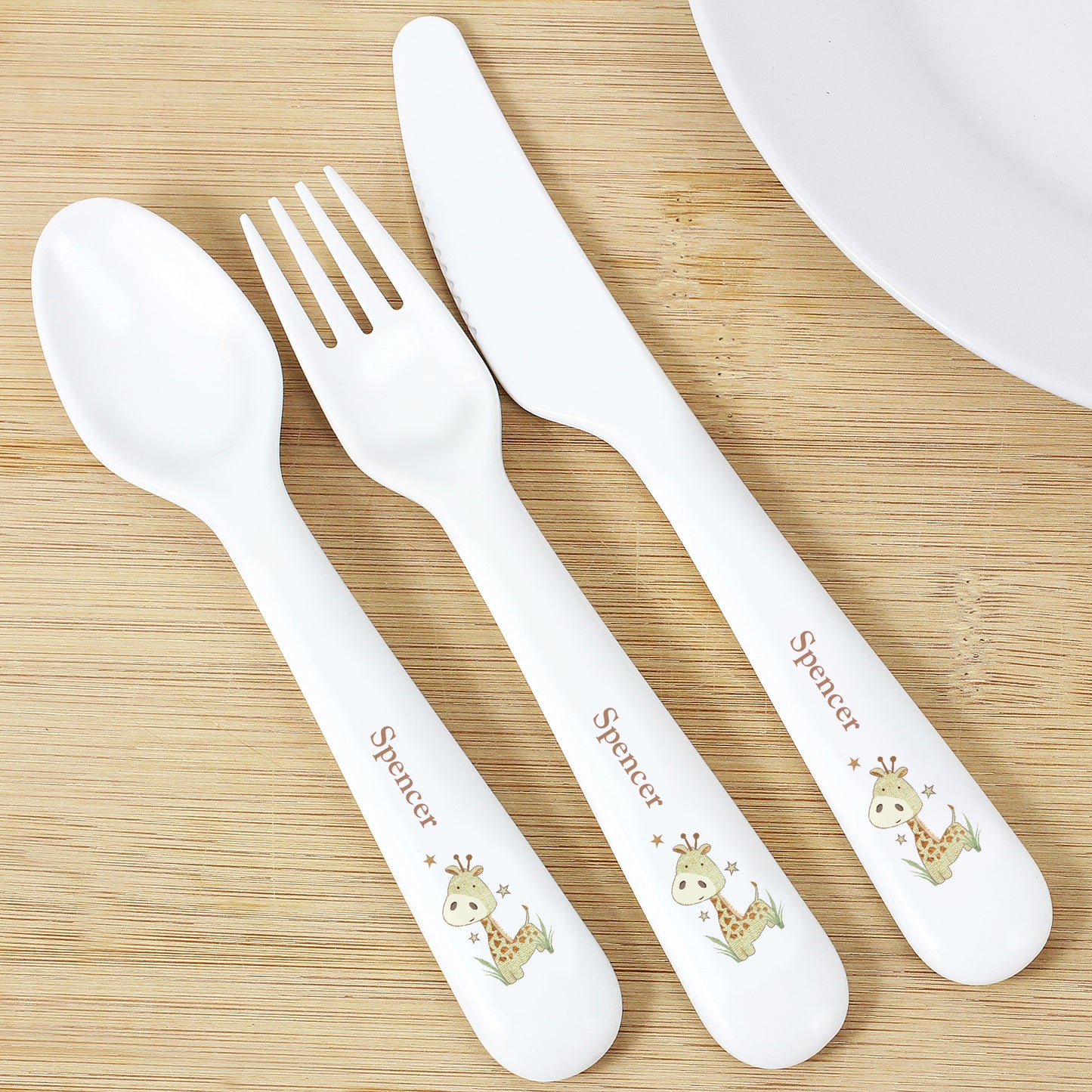 Personalised Hessian Giraffe 3 Piece Plastic Cutlery Set - Personalise It!