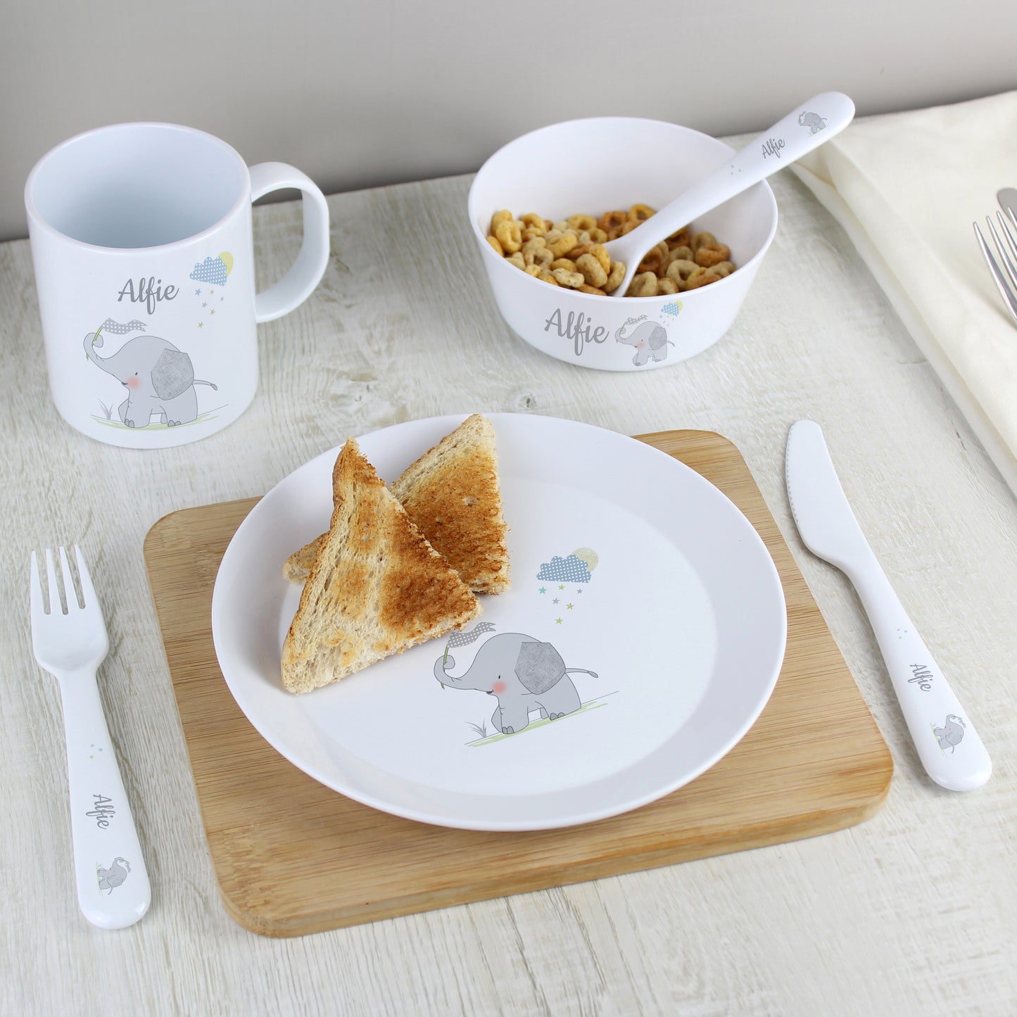 Personalised Hessian Elephant 3 Piece Plastic Cutlery Set - Personalise It!