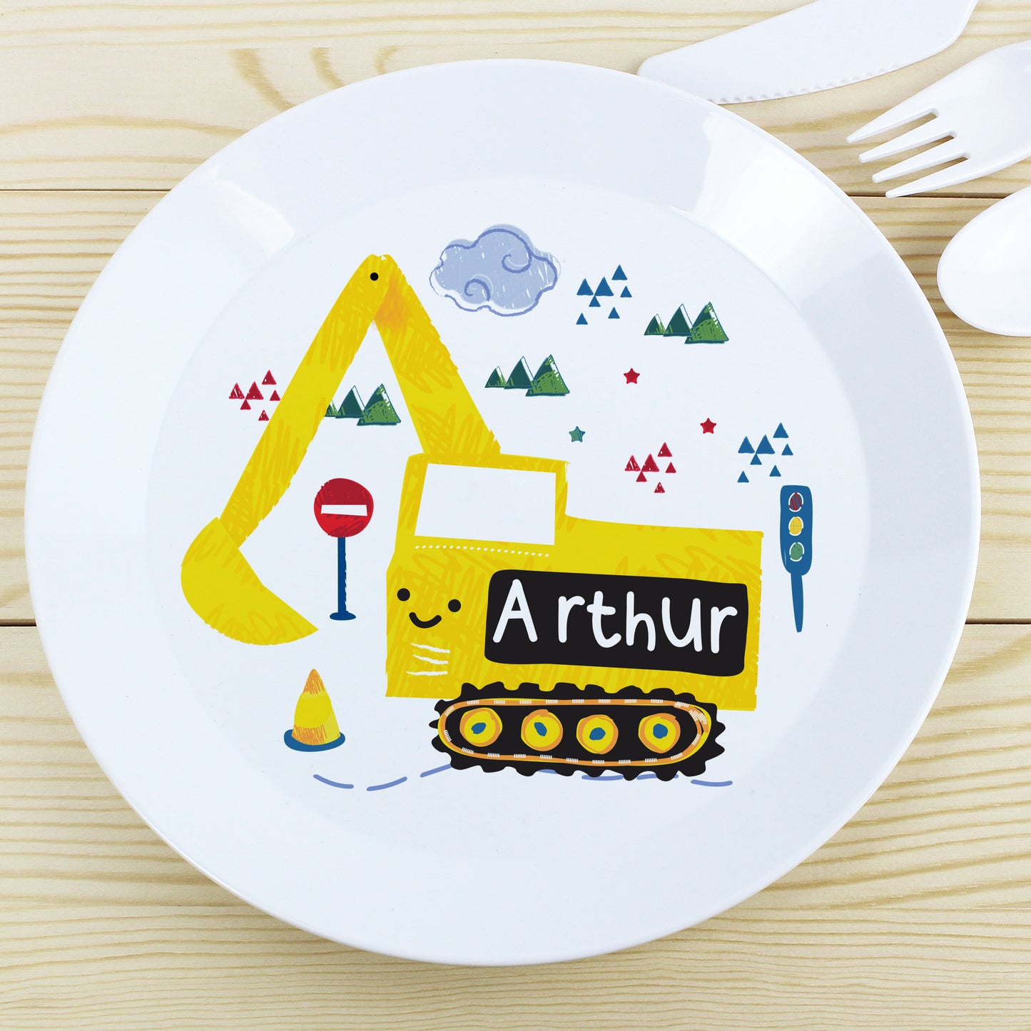Personalised Digger Plastic Plate - Personalise It!