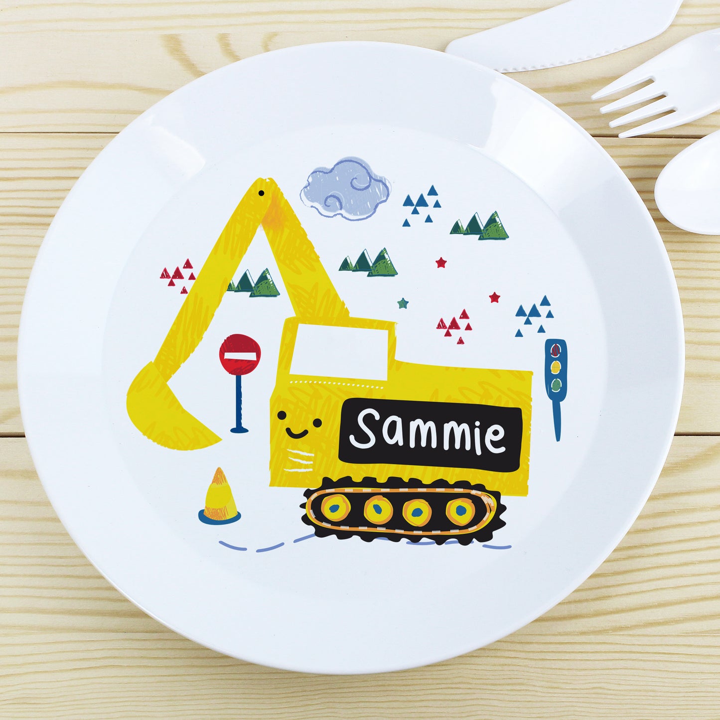 Personalised Digger Plastic Plate - Personalise It!