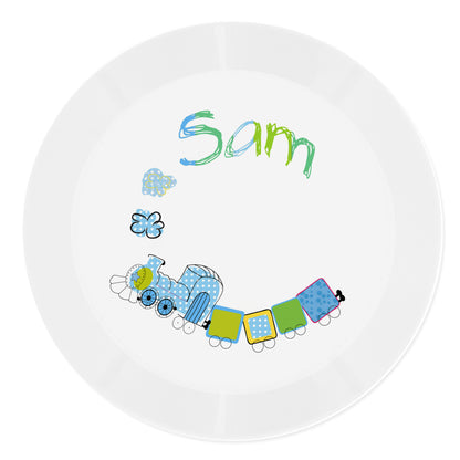 Personalised Patchwork Train Plastic Plate - Personalise It!