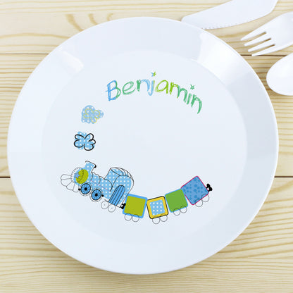 Personalised Patchwork Train Plastic Plate - Personalise It!