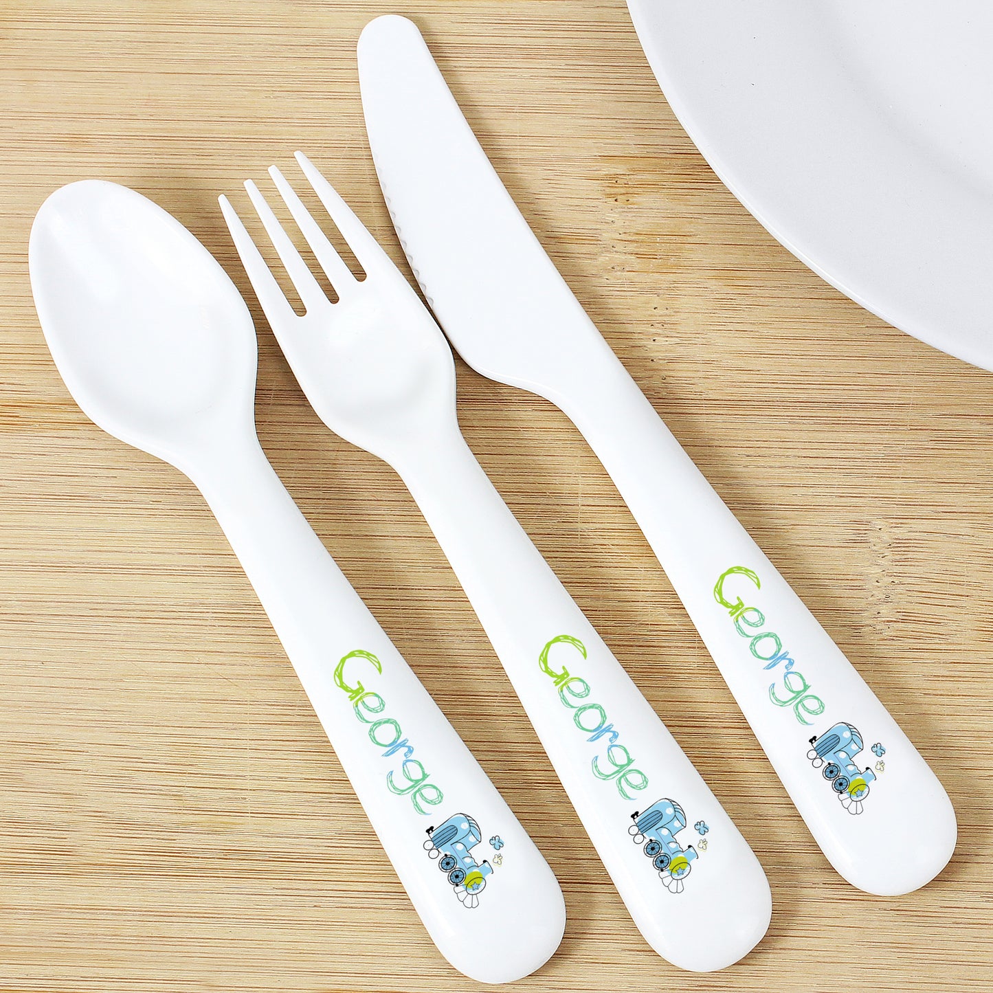 Personalised Patchwork Train 3 Piece Plastic Cutlery Set - Personalise It!