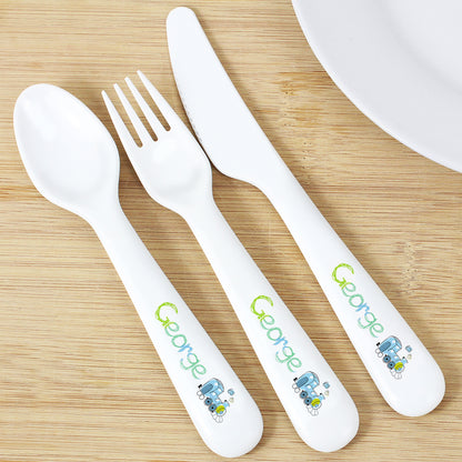 Personalised Patchwork Train 3 Piece Plastic Cutlery Set - Personalise It!