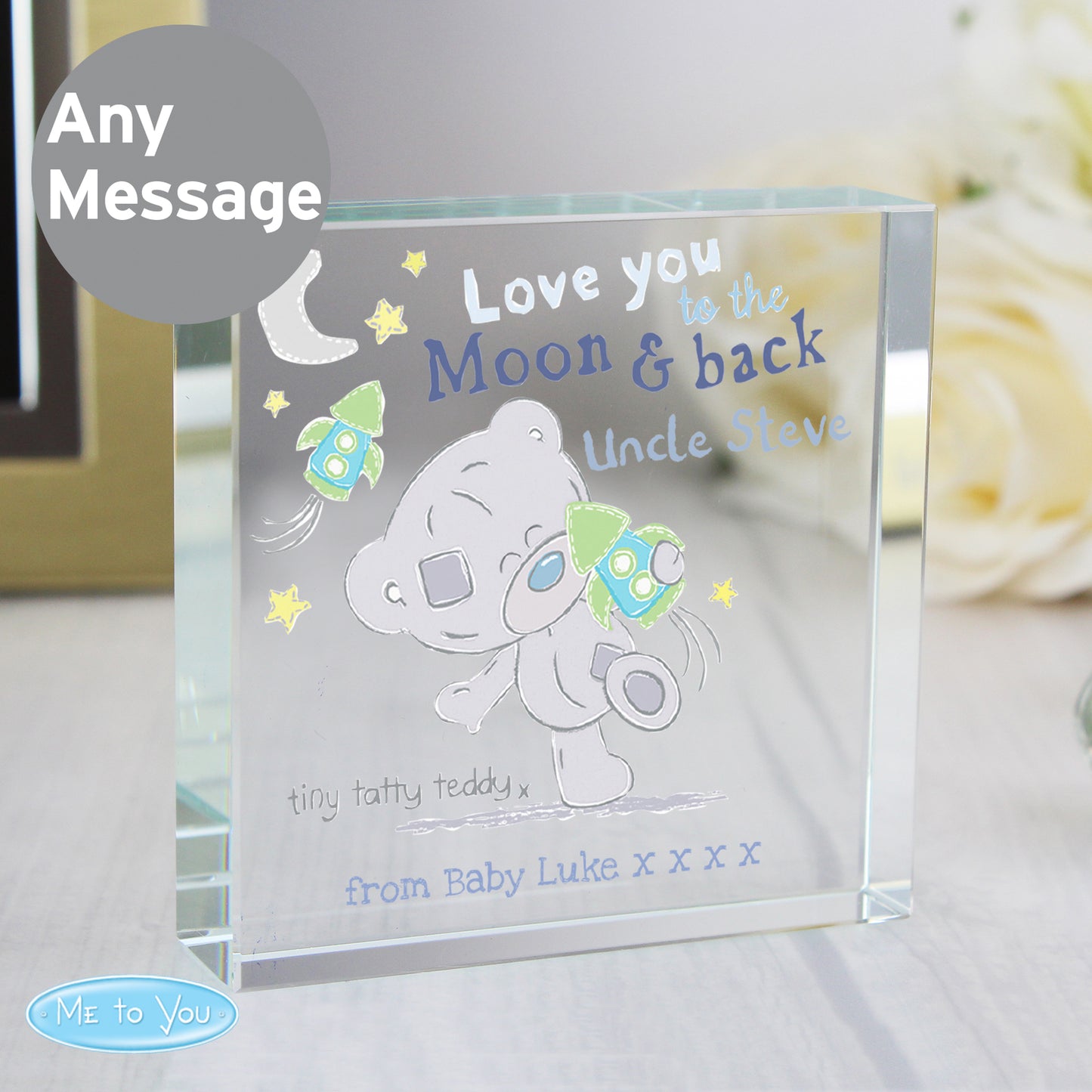 Personalised Tiny Tatty Teddy To the Moon & Back Large Crystal Token - Personalise It!