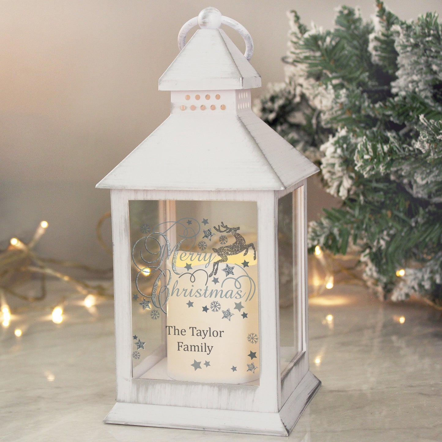 Personalised Silver Reindeer White Lantern - Personalise It!