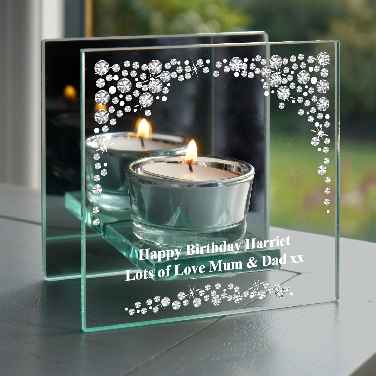 Personalised Diamante Mirrored Glass Tea Light Candle Holder - Personalise It!